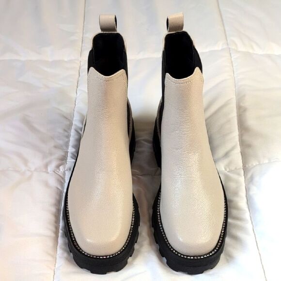 Karl Lagerfeld Size 9 Mayde Cream Leather And Rhinestone Trimmed Boots, NEW - Picture 2 of 14